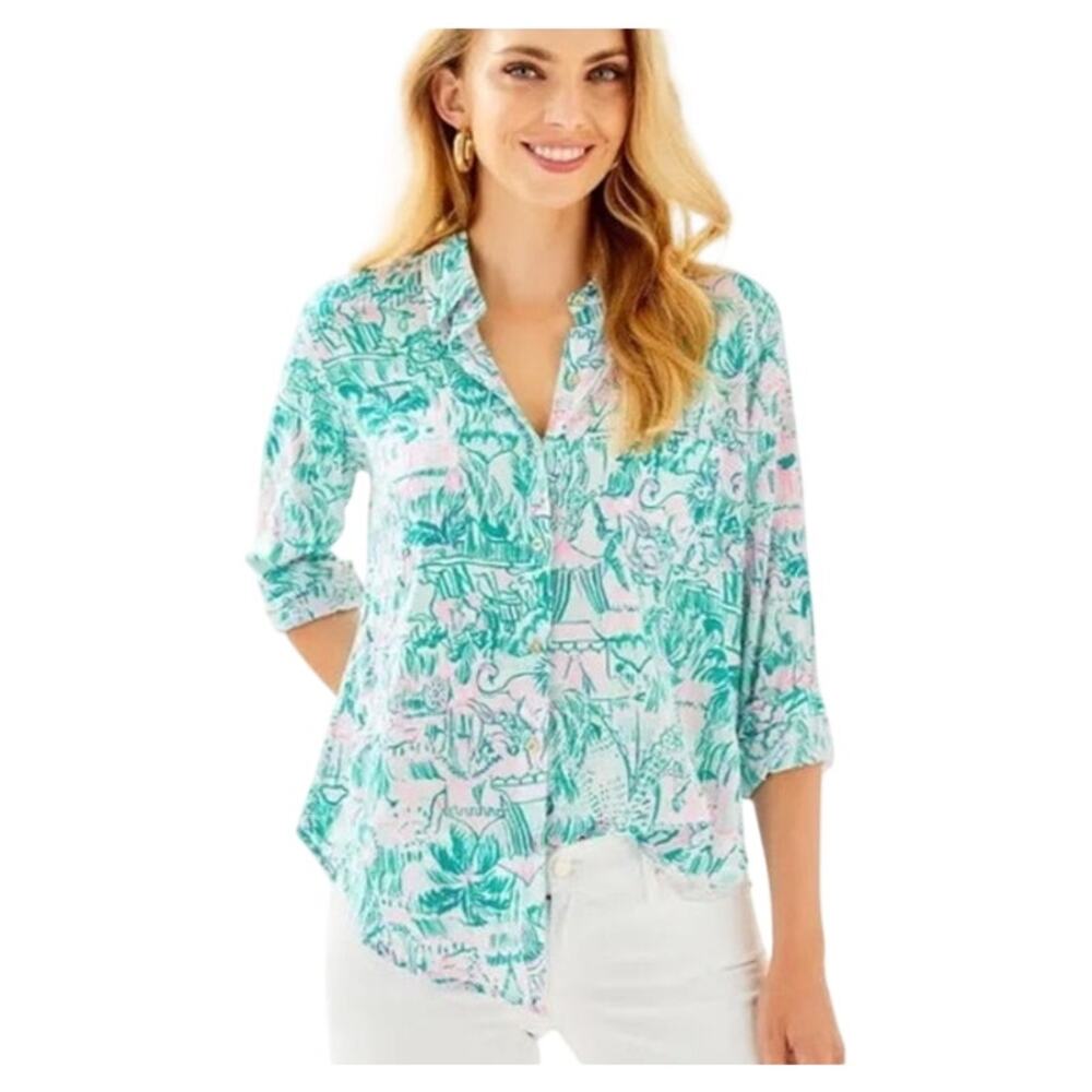 LILLY PULITZER Sea View Collar Button Down LS Top SMALL Beach Resortwear Flowy